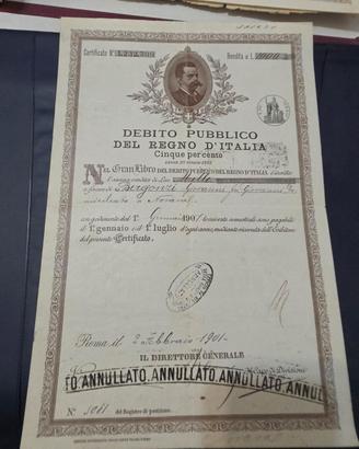 Debito pubblico 1901 rendita 5% lire 1000