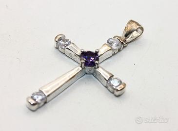 Ciondolo crocefisso argento tanzanite pietre CZ