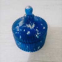 Barattolo Portagioie in Resina Blu- Foglia argento