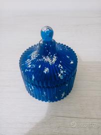 Barattolo Portagioie in Resina Blu- Foglia argento