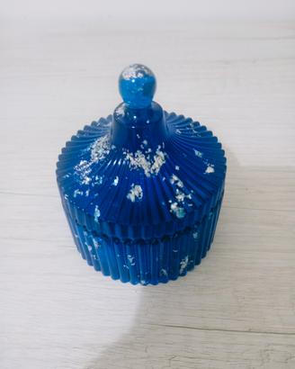 Barattolo Portagioie in Resina Blu- Foglia argento