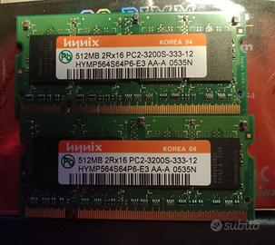 2 MODULI RAM SO-DIMM PER PORTATILI DA 512MB L'UNO