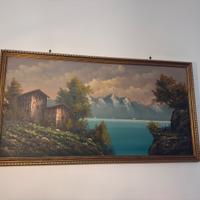 Quadro paesaggio lago monti e casolari