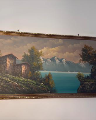 Quadro paesaggio lago monti e casolari
