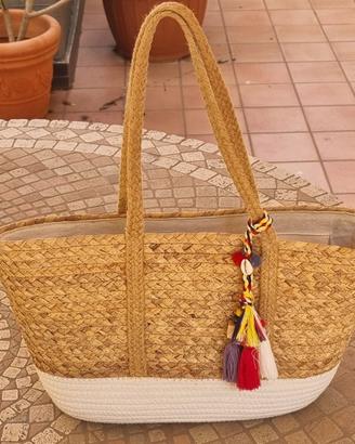 Borsa da Mare in Paglia Intrecciata con Nappe