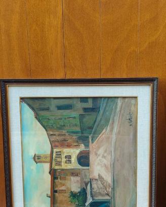 Veduta urbana con chiesa B. Mattarelli a olio