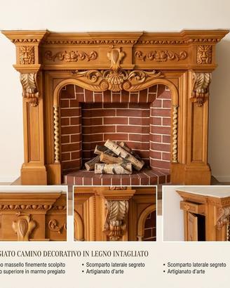 Finto camino in legno intagliato con base marmo