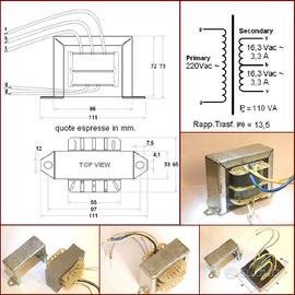TRASFORMATORE DUALE 220Vac~16,3+16,3V 110VA PROFF.