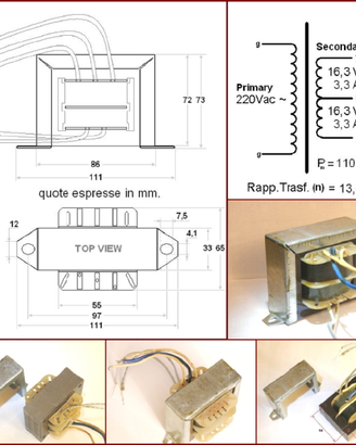 TRASFORMATORE DUALE 220Vac~16,3+16,3V 110VA PROFF.