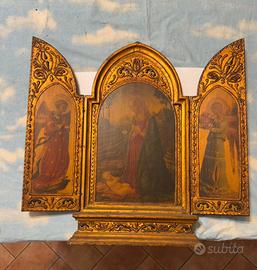 Trittico Devozionale Legno Dorato Stile Neo-Gotico