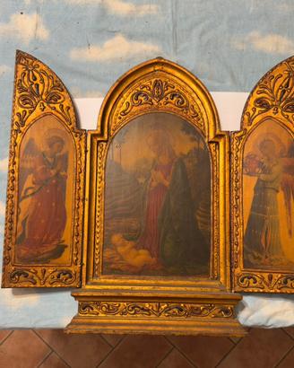 Trittico Devozionale Legno Dorato Stile Neo-Gotico