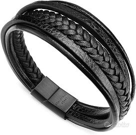 Bracciale Uomo Cuoio Pelle Nero Full Black Treccia