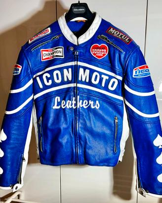 Giacca moto in pelle blu ICON MOTO