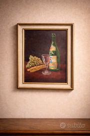 Natura morta a olio anni ’70 – Bottiglia di vino e