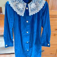 Abito blu donna in velluto con colletto in pizzo