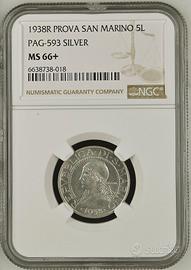 Moneta Argento S. Marino L.5  anno 1938 Prova