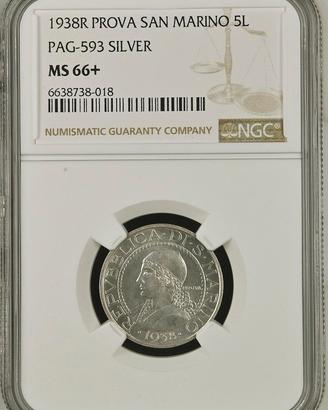 Moneta Argento S. Marino L.5  anno 1938 Prova