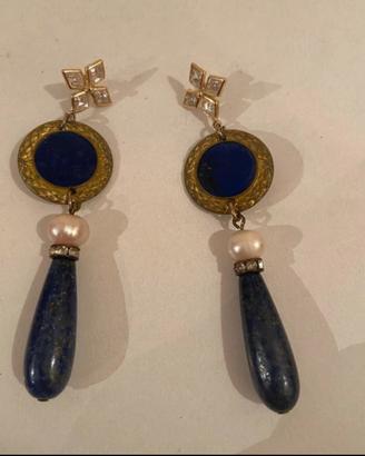 orecchini antichi in oro, lapislazzuli e perla