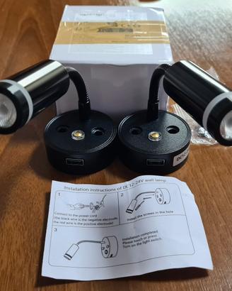 2 Lampade Lettura LED 12V-24V USB Dimmerabili