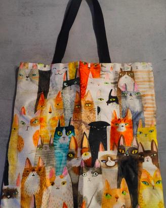 Borsa in tessuto stampato con gatti colorati