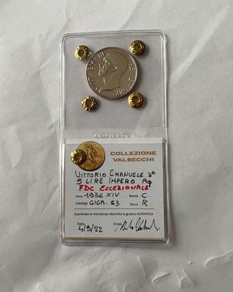 5 Lire 1936 XIV Impero Argento FDC ECCEZIONALE
