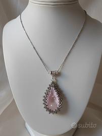 Collana rodiata vintage ciondolo quarzo rosa