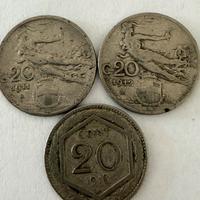 Tre monete italiane da 20 centesimi 1911/12/18