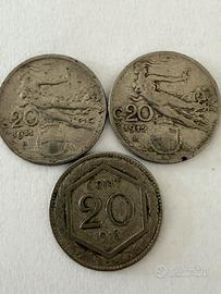 Tre monete italiane da 20 centesimi 1911/12/18