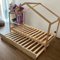 Letto casetta in legno pino naturale + cassettone