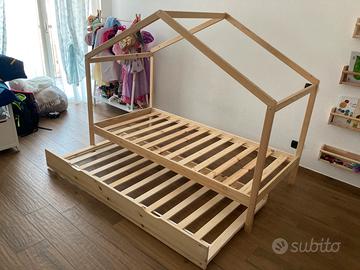 Letto casetta in legno pino naturale + cassettone