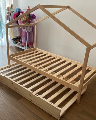 Letto casetta in legno pino naturale + cassettone