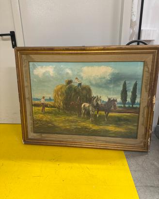 Quadro a olio su tela  scena di raccolta,