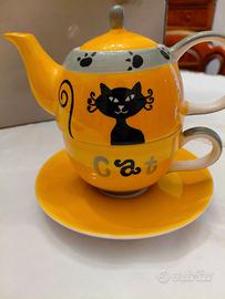 set teiera e tazza in ceramica gatto