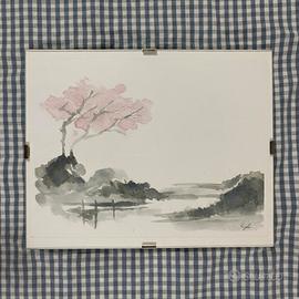 Quadretto in acquerello con albero di ciliegio