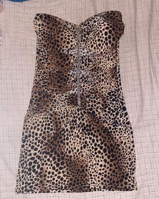 Abito corto animalier leopardato senza spalline
