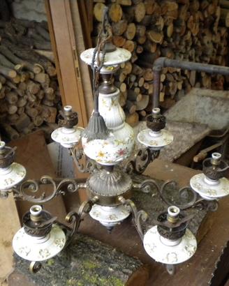 Lampadario Vintage Ottone Ceramica 6 Luci