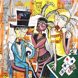 Quadro moderno con gente che gioca a poker 100x100