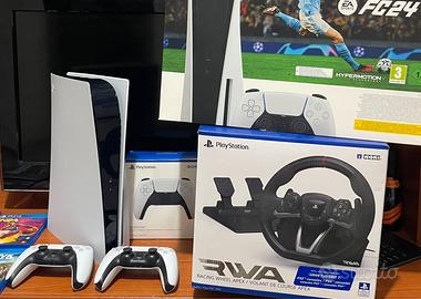 PS5 825 GB con lettore 2 controller e un volante a