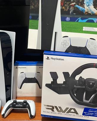 PS5 825 GB con lettore 2 controller e un volante a