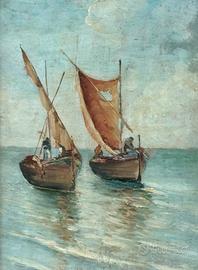 Quadro marina con barche a vela, olio su tavola