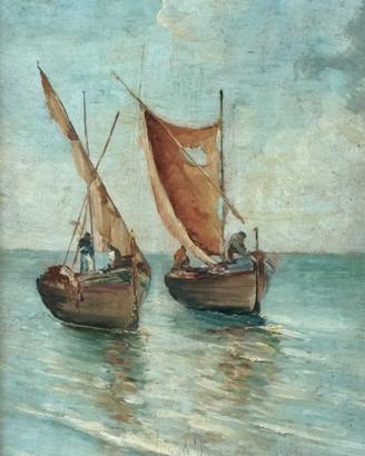 Quadro marina con barche a vela, olio su tavola