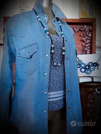 Camicia jeans, top canotta in maglia, collana 3 pz