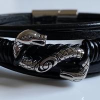 Braccialetto uomo in pelle con serpente in acciaio