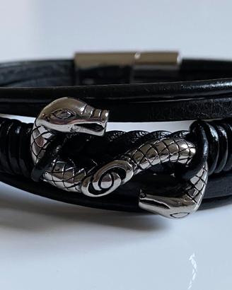 Bracciale uomo in pelle con serpente in Acciaio