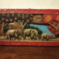 QUADRO ELEFANTI INDIANI IN LEGNO PIENO DECORATO