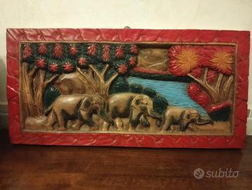 QUADRO ELEFANTI INDIANI IN LEGNO PIENO DECORATO