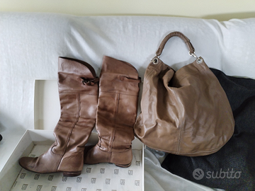 Borsa a spalla in pelle color cognac tortora