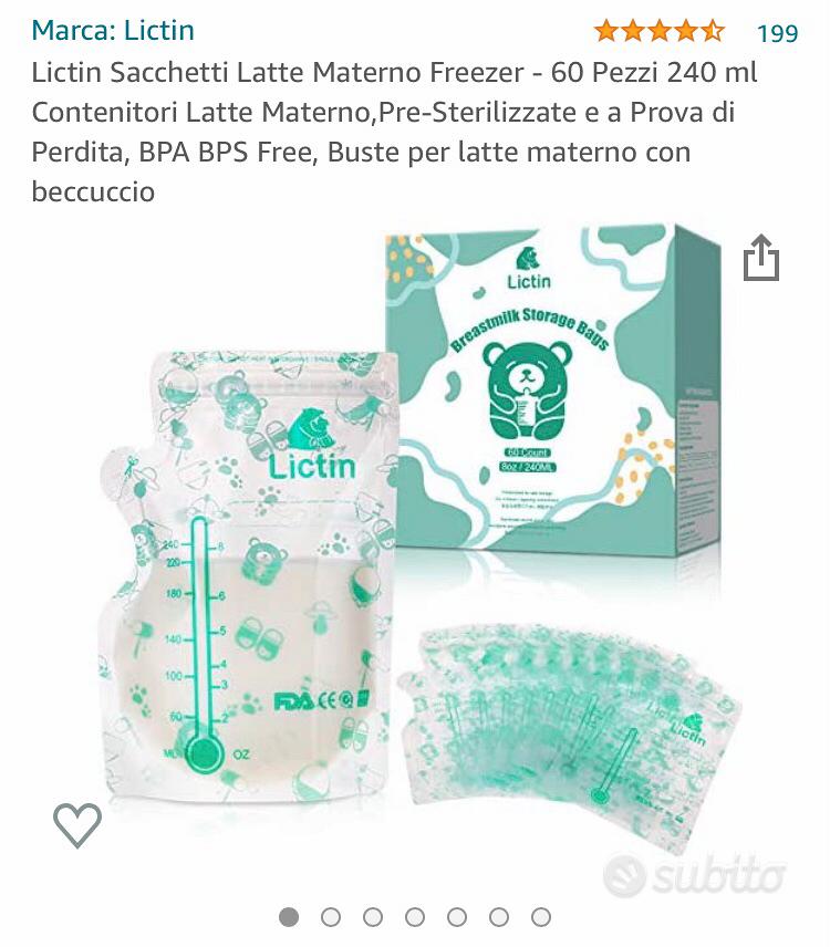 Lictin Sacchetti Latte Materno Freezer - 60 Pezzi 240 ml Contenitori Latte  Materno,Pre-Sterilizzate e a Prova di Perdita, BPA BPS Free, Buste per