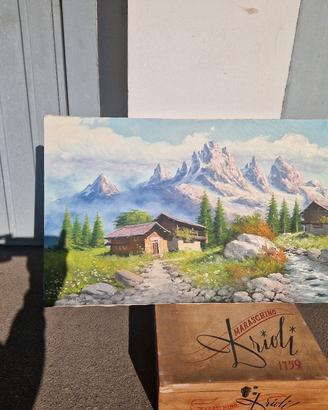 Dipinto olio su tela Monti con casetta innevata