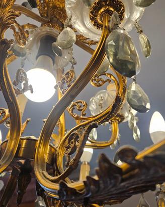 Lampadario 13 Luci in Bronzo Dorato e Cristalli 